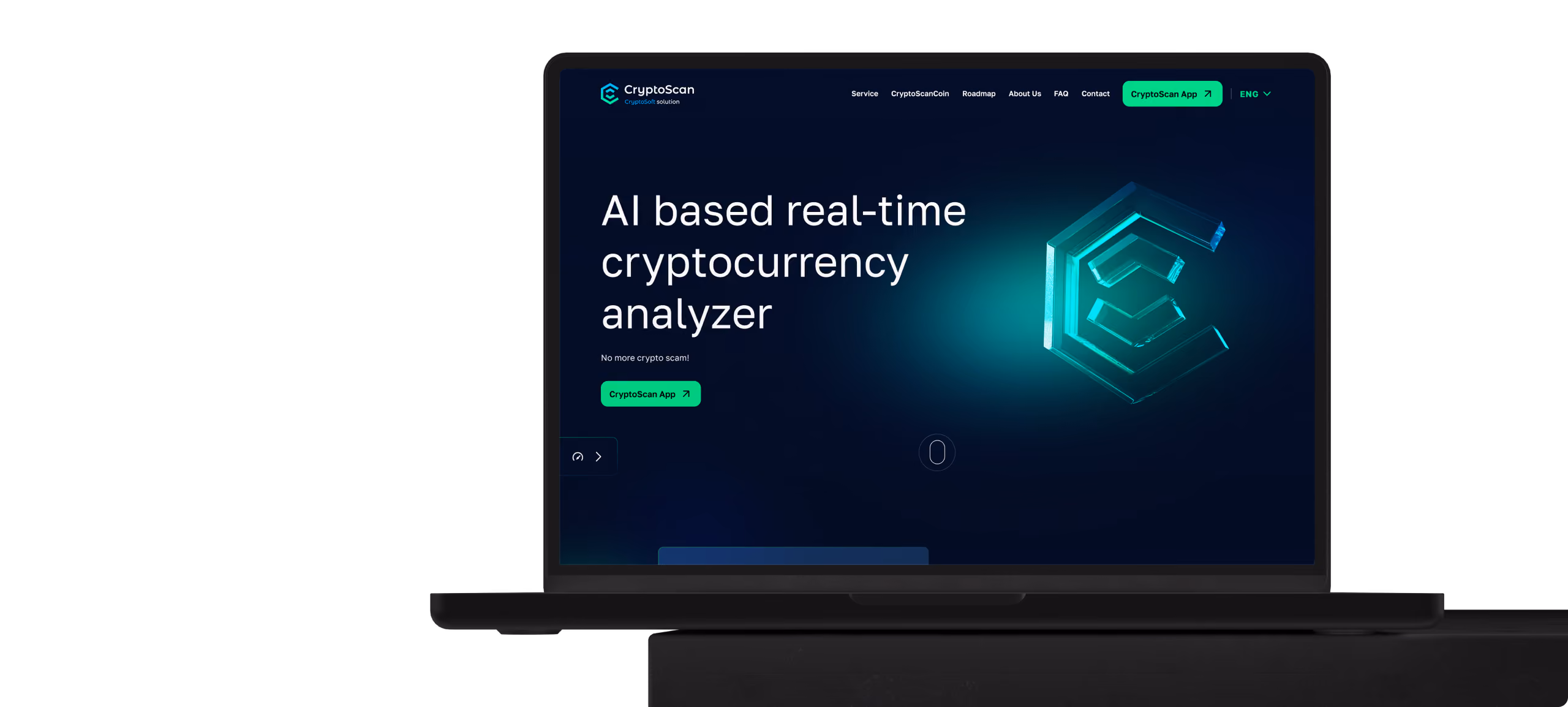 Laptop displaying CryptoScan website featuring AI based real-time cryptocurrency analyzer with glowing logo and green call-to-action button.