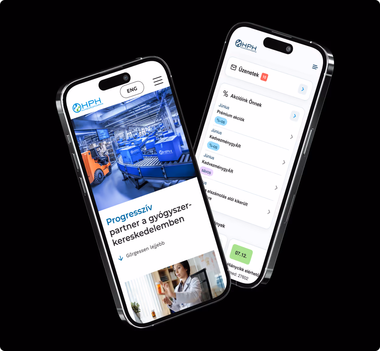 Two smartphones displaying the HPH website interface, one showing a warehouse scene with the text 'Progresszív partner a gyógyszer-kereskedelemben' and the other showing a message and discount notification screen.
