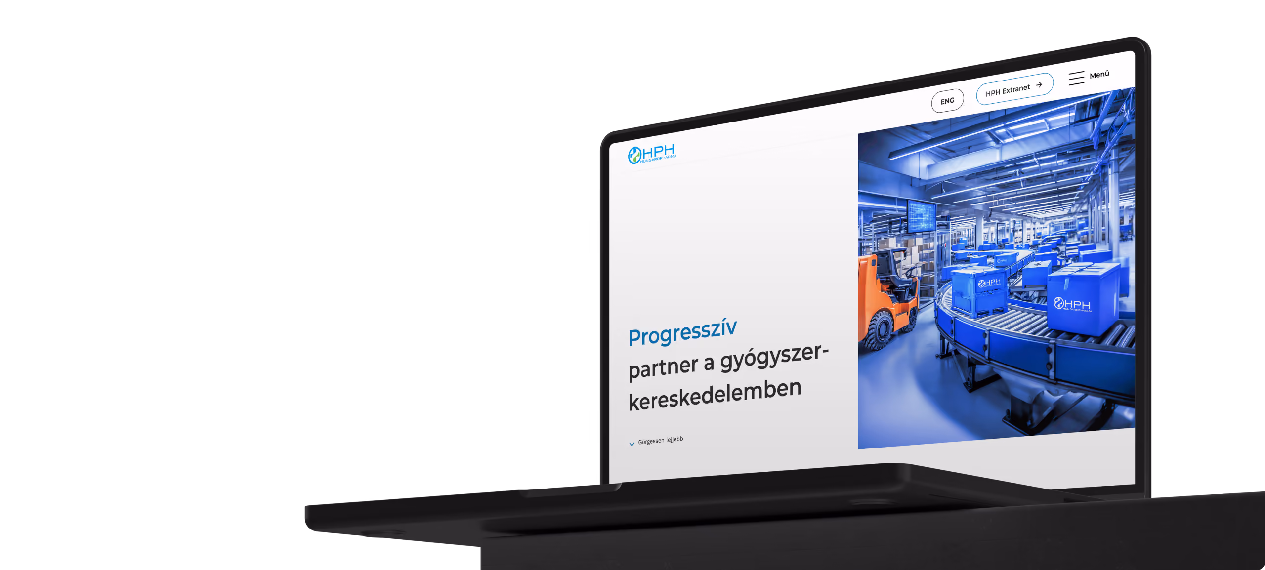 Laptop screen displaying a webpage with a photo of an automated warehouse featuring blue conveyor belts and an orange forklift, titled 'Progresszív partner a gyógyszer-kereskedelemben.'