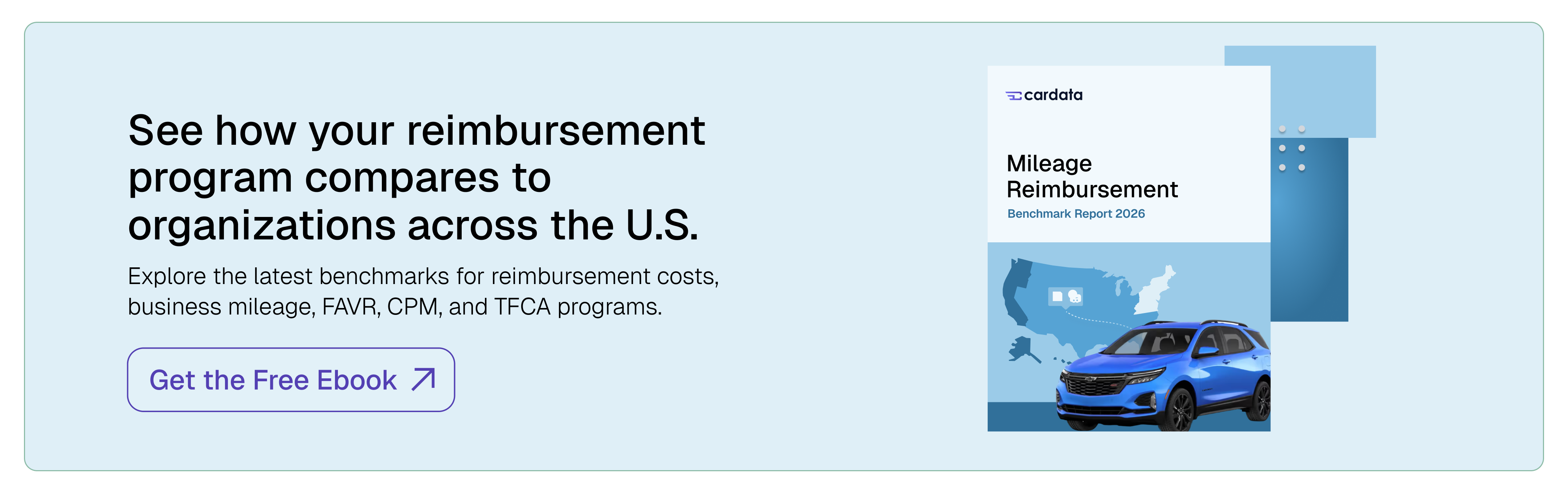 CTA banner promoting Cardata's 2026 Mileage Reimbursement Benchmark Report with a report cover image and a "Get the Free Ebook" button.