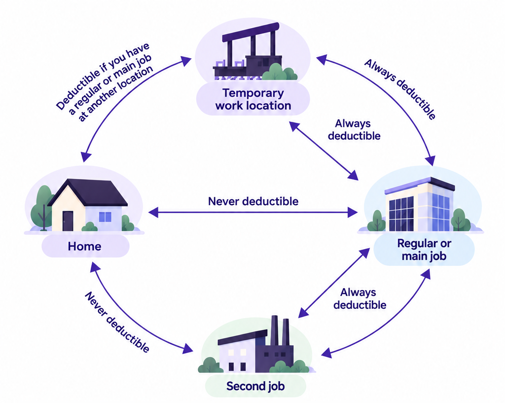  Diagram showing IRS mileage deduction rules for travel between home, a regular workplace, a temporary work location, and a second job, highlighting deductible business travel and nondeductible commuting.