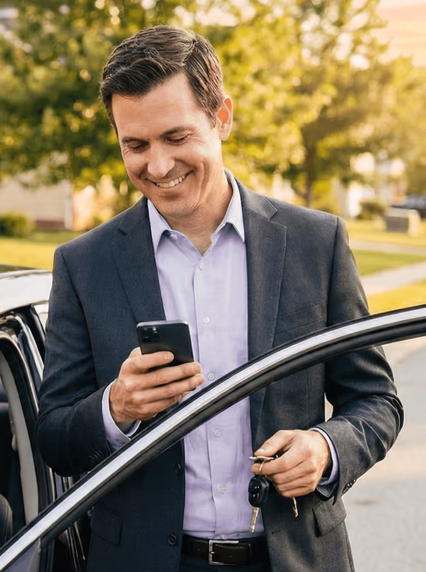 Smiling man in suit holding a car key and looking at his smartphone while standing outside an open car door.