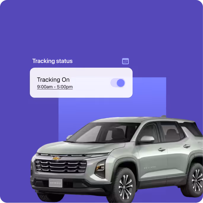 Silver Chevrolet SUV with a digital toggle showing tracking status on from 9:00am to 5:00pm on a purple background.