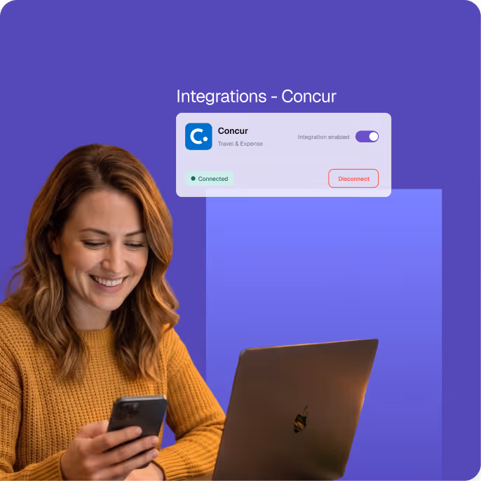 A smiling woman in a mustard sweater looks at her smartphone with a laptop open in front of her, alongside an interface showing Concur integration enabled and connected.