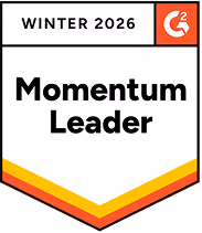 G2 Momentum Leader badge for Winter 2026 with a white background and red, orange, and yellow accents.