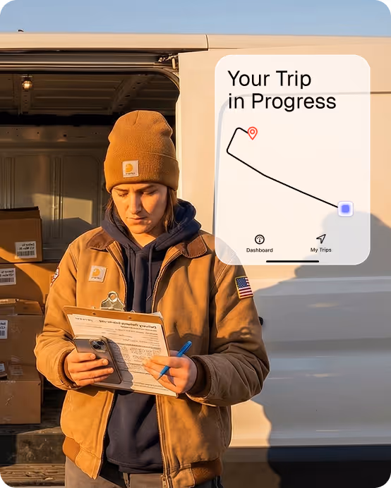 Person in brown jacket and beanie writing on a clipboard while standing in front of a delivery van with boxes inside.