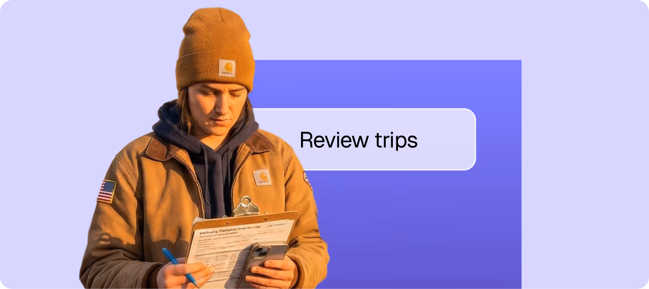 Person in a brown jacket and beanie reviewing a clipboard and phone with a text box saying 'Review trips' on a purple background.