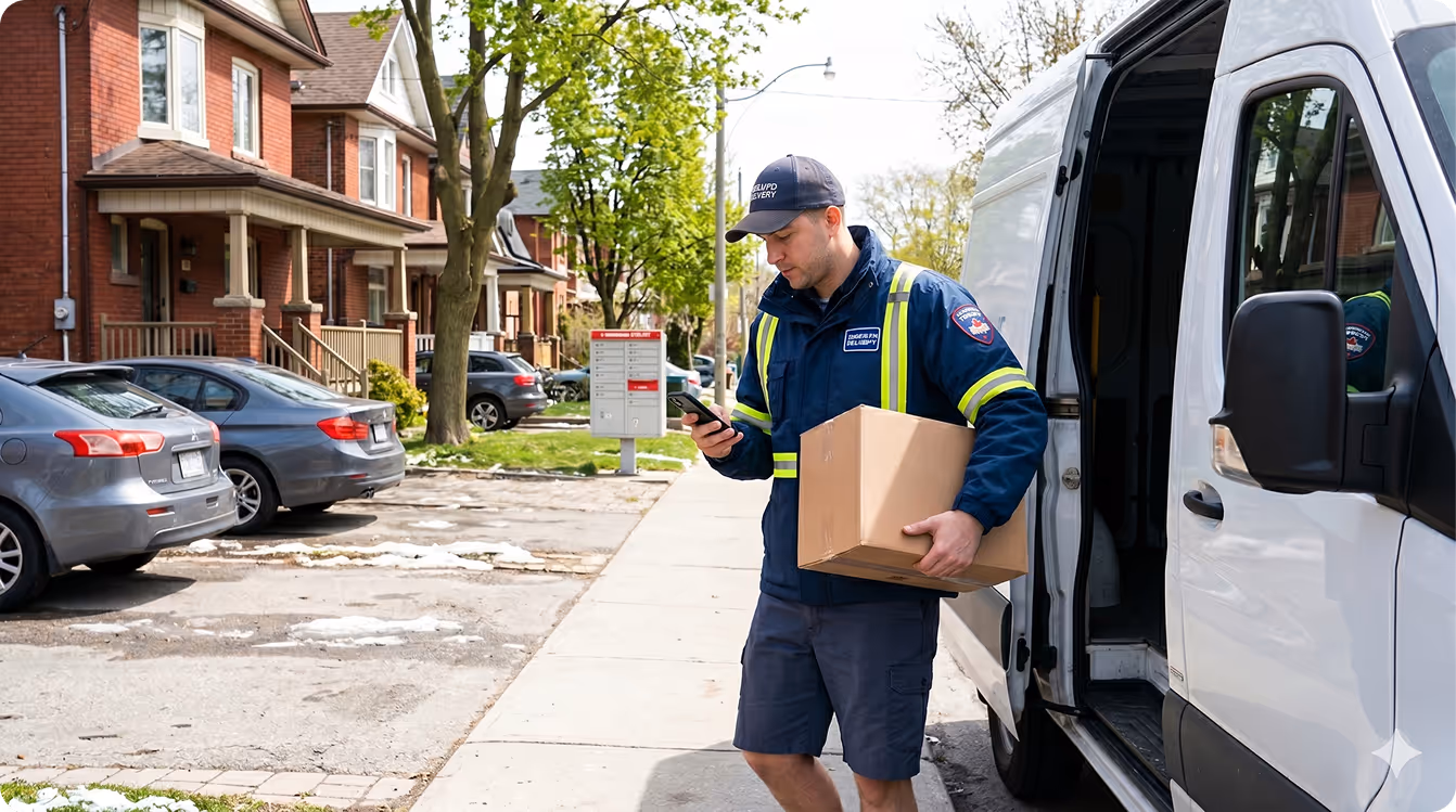 Un livreur en uniforme tient une boîte en carton et vérifie un smartphone à l'extérieur d'un fourgon de livraison blanc dans une rue résidentielle.