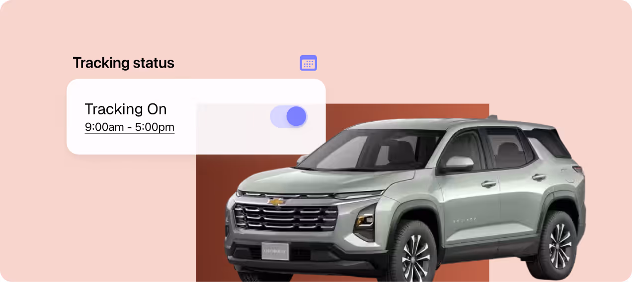 Silver Chevrolet SUV shown with a tracking status panel indicating tracking is on from 9:00am to 5:00pm.
