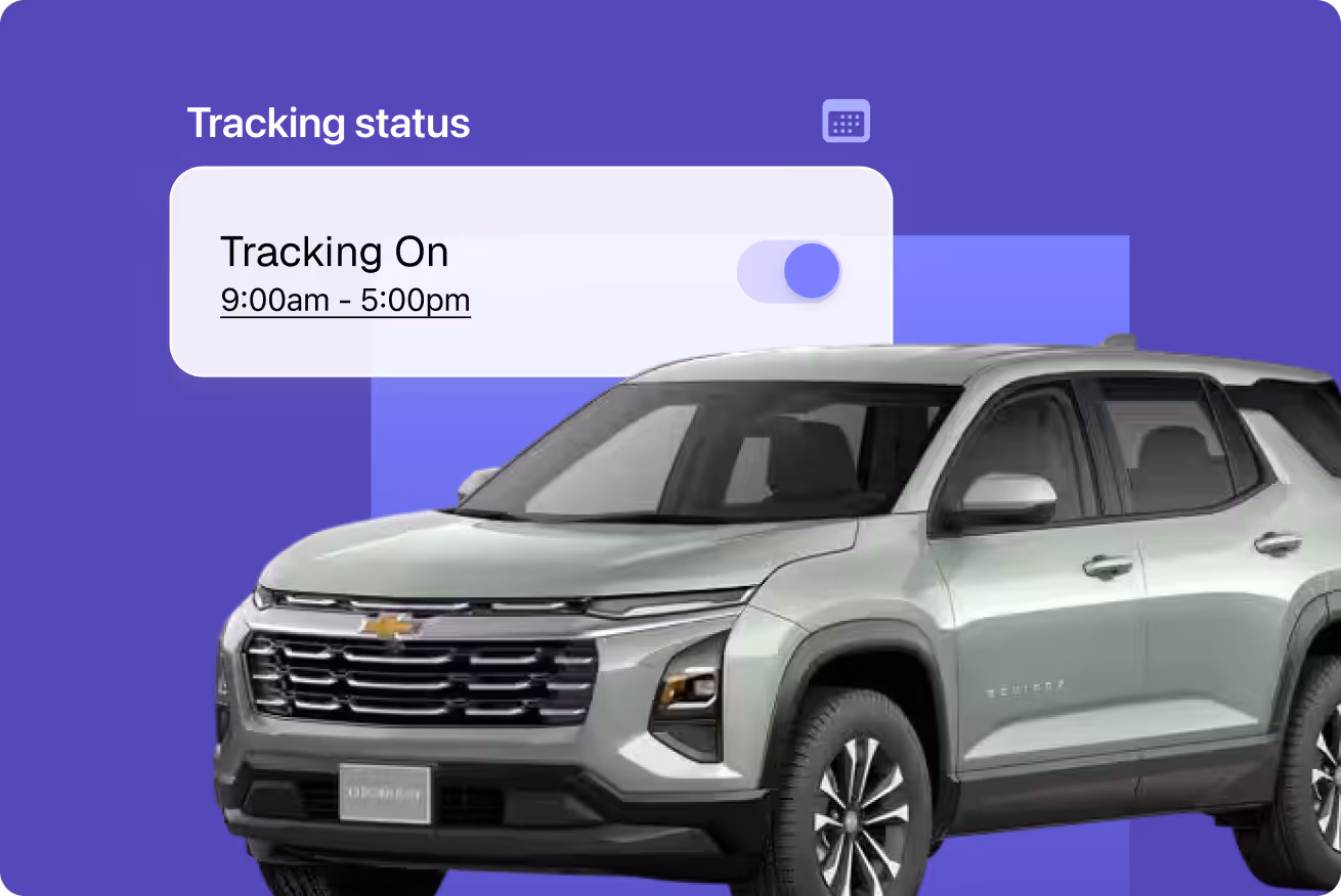Silver Chevrolet SUV with graphic overlay showing tracking status set to on from 9:00am to 5:00pm.