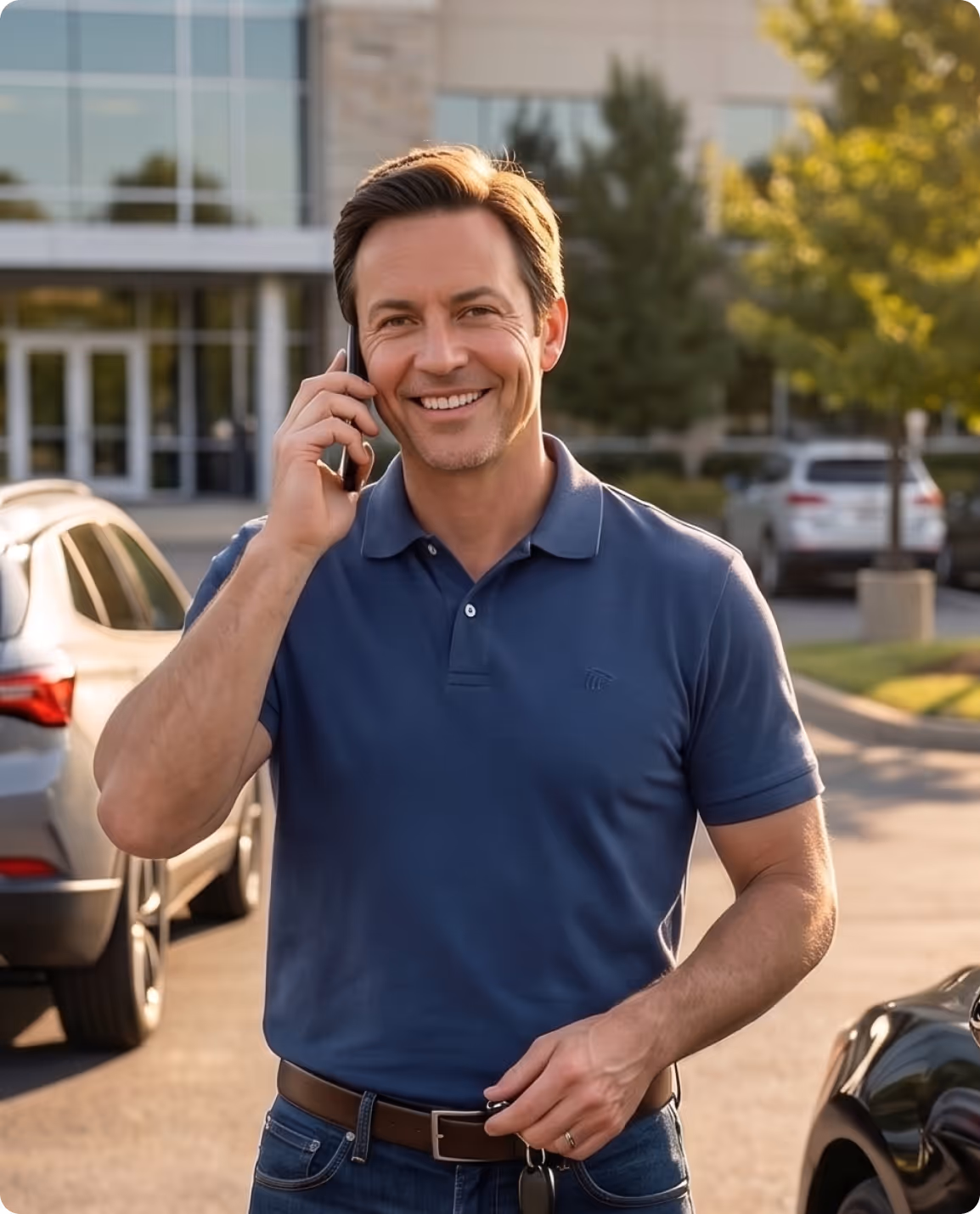 Smiling man in a blue polo shirt talking on a phone while holding car keys in a parking lot.