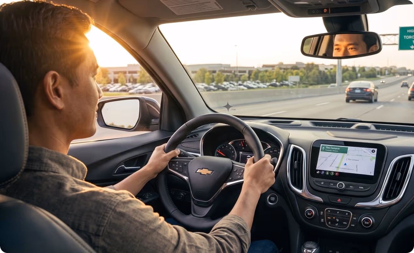 Man driving a Chevrolet car with navigation system displayed on the dashboard screen during daylight.