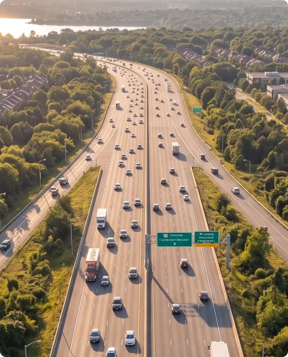Aerial view of a busy multi-lane highway surrounded by green trees and residential areas during daylight.