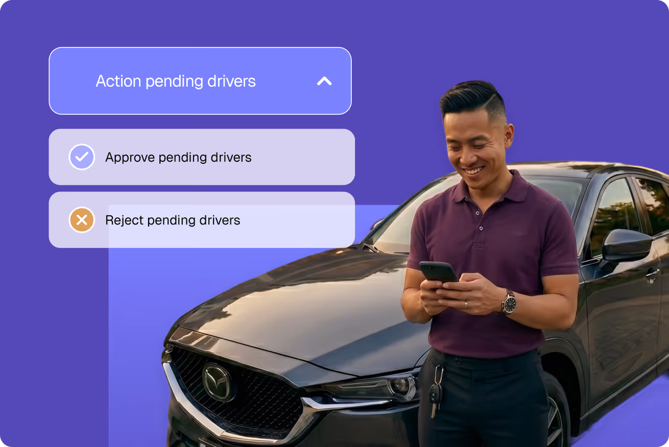 Man standing beside a black Mazda car, smiling and using his phone next to an interface showing options to approve or reject pending drivers.