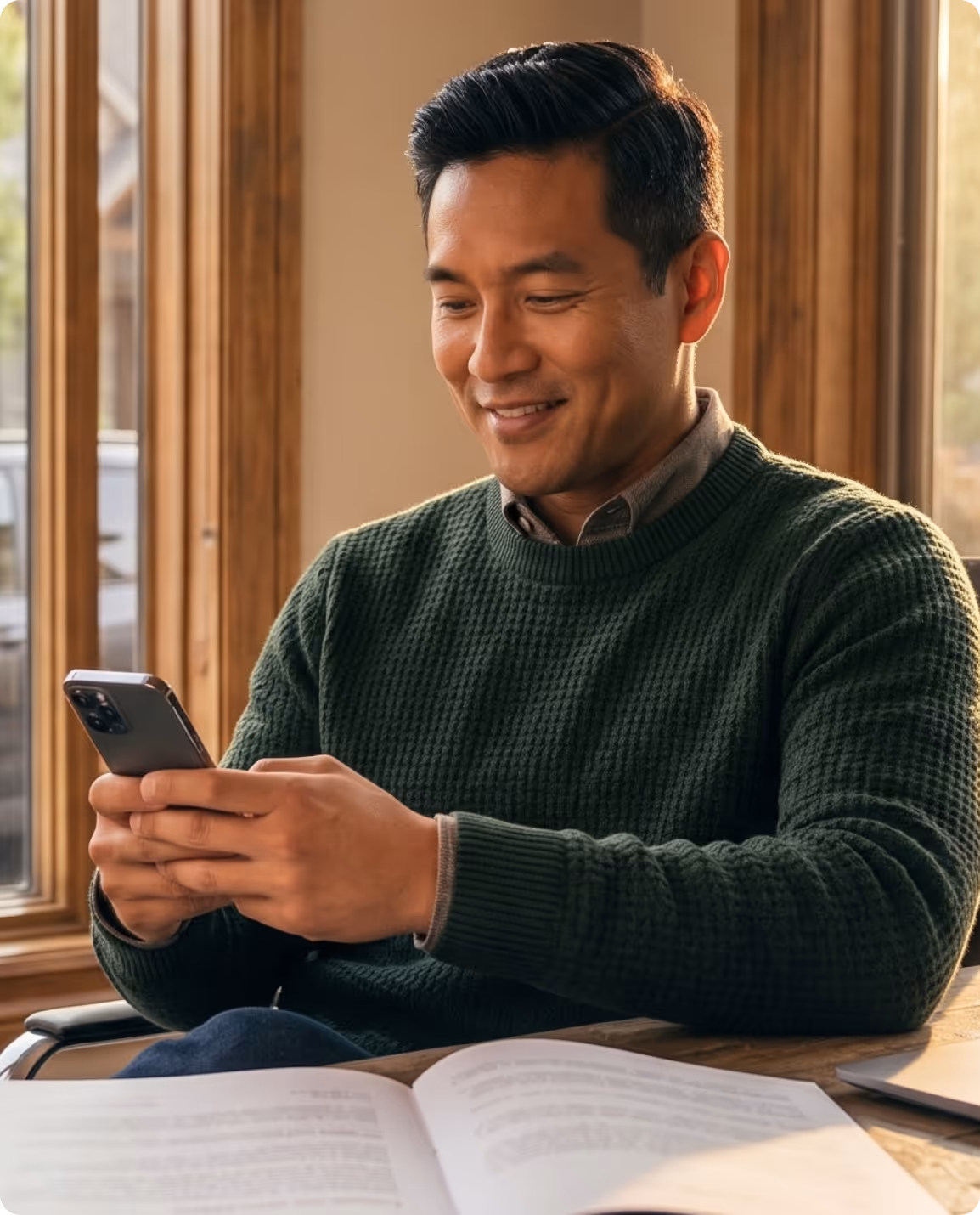 Smiling man in green sweater sitting at desk using smartphone with open book and laptop nearby.