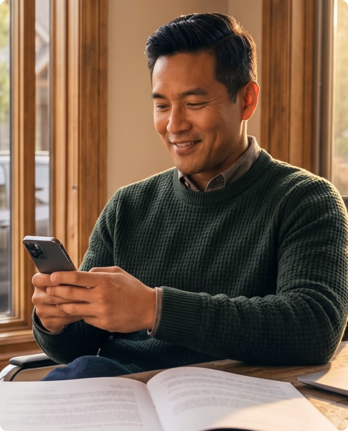 Smiling man in a green sweater sitting at a table, using a smartphone with an open book in front of him.
