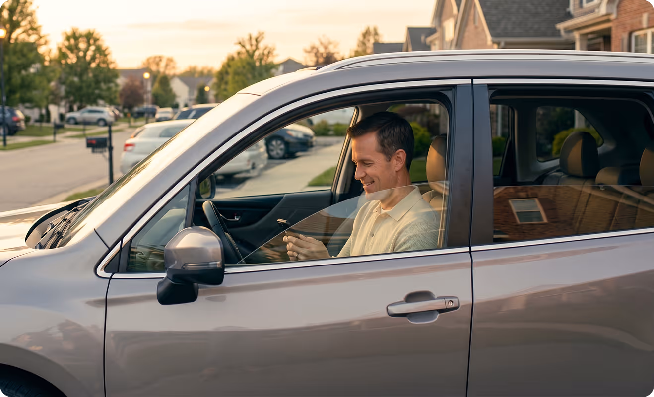 Man sitting in a parked silver car smiling and looking at his smartphone inside a suburban neighborhood.