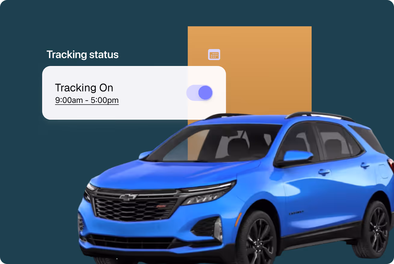 Blue Chevrolet SUV with a tracking status toggle showing Tracking On from 9:00am to 5:00pm.