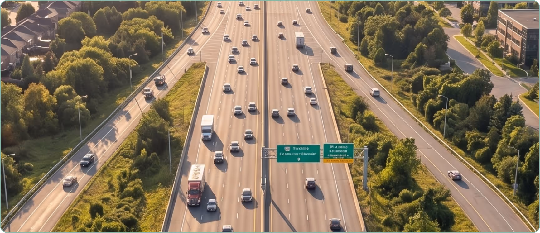 Aerial view of a multi-lane highway with moderate traffic surrounded by green trees and residential buildings.