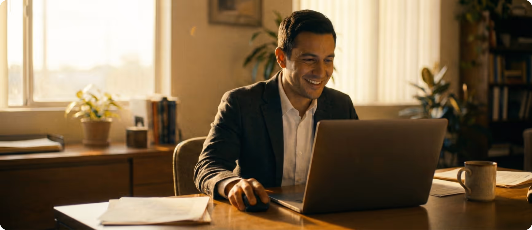Smiling man in a suit using a laptop at a wooden desk with papers and a coffee mug in warm office light.
