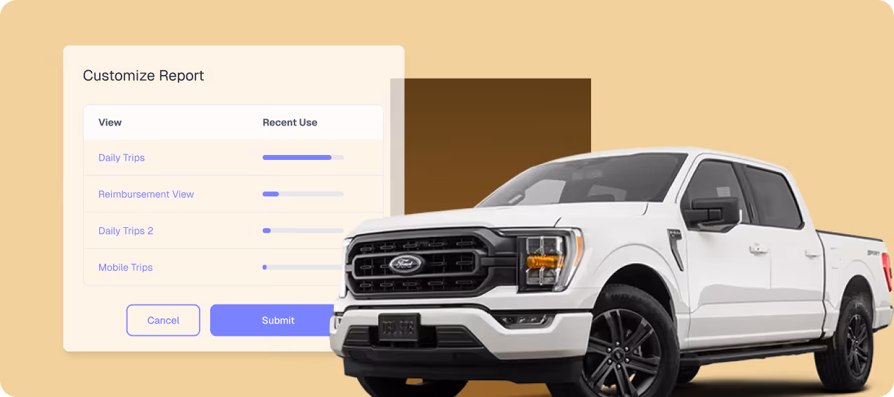 Screen showing a customizable report interface with recent use bars for trip views next to a white Ford pickup truck on a beige background.