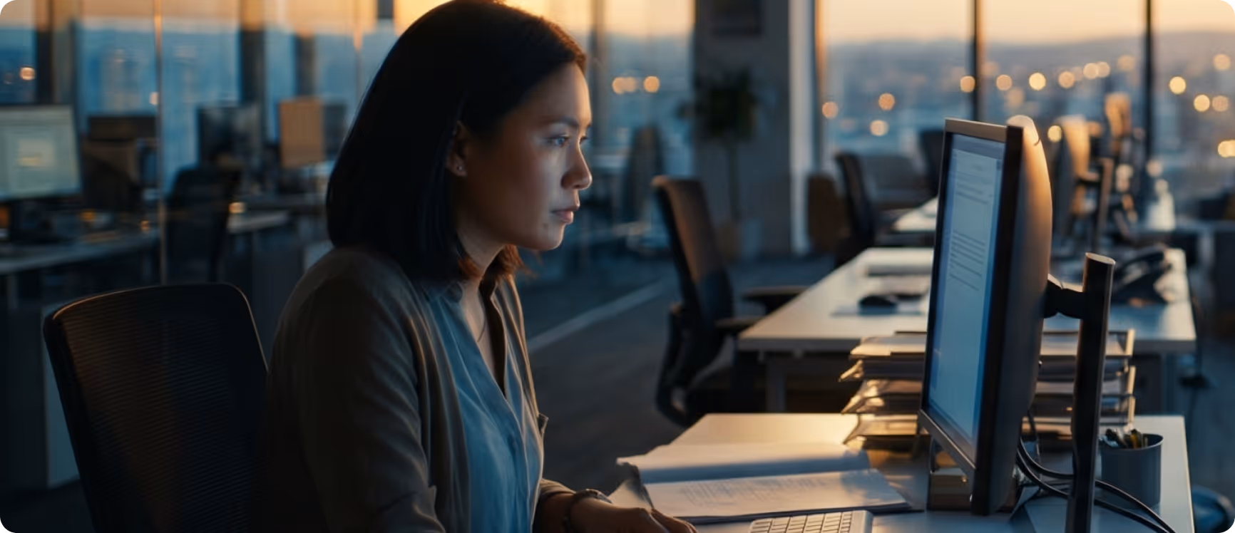 Woman working late at an office desk, focused on a computer screen with documents nearby, during sunset.
