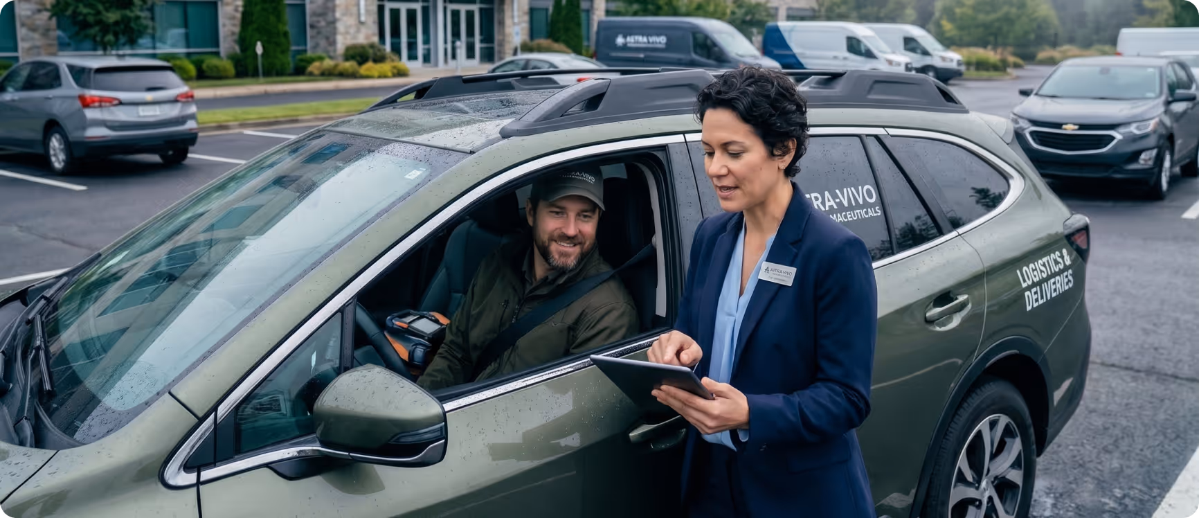 Woman standing beside a green Astra-Vivo Logistics & Deliveries vehicle talking to a smiling driver while holding a tablet.
