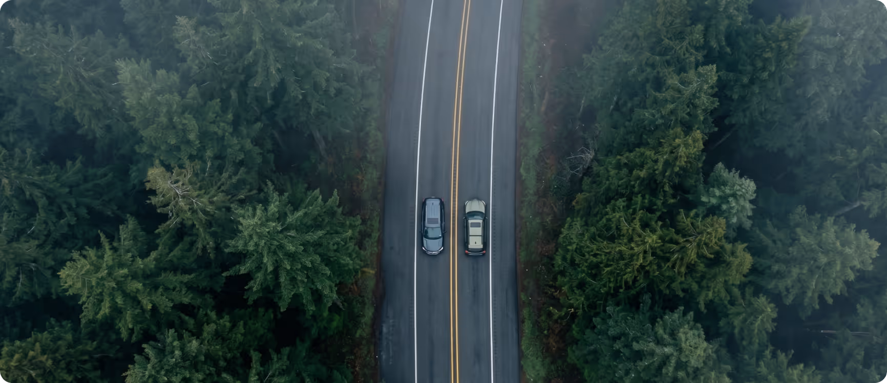 Aerial view of two cars driving side by side on a two-lane road surrounded by dense green forest.