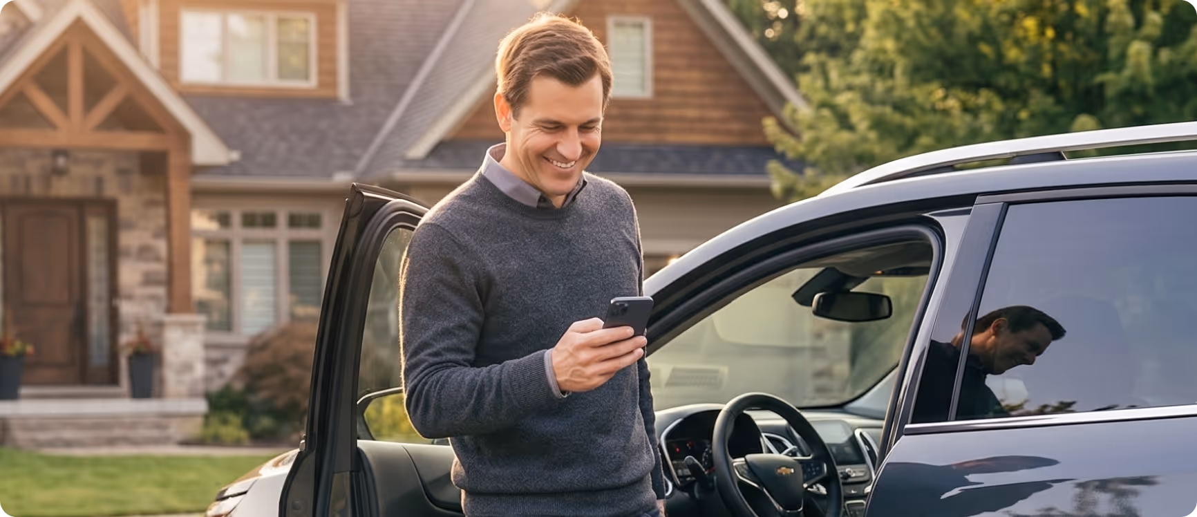 Smiling man standing outside a car with the door open, looking at his phone in front of a house.