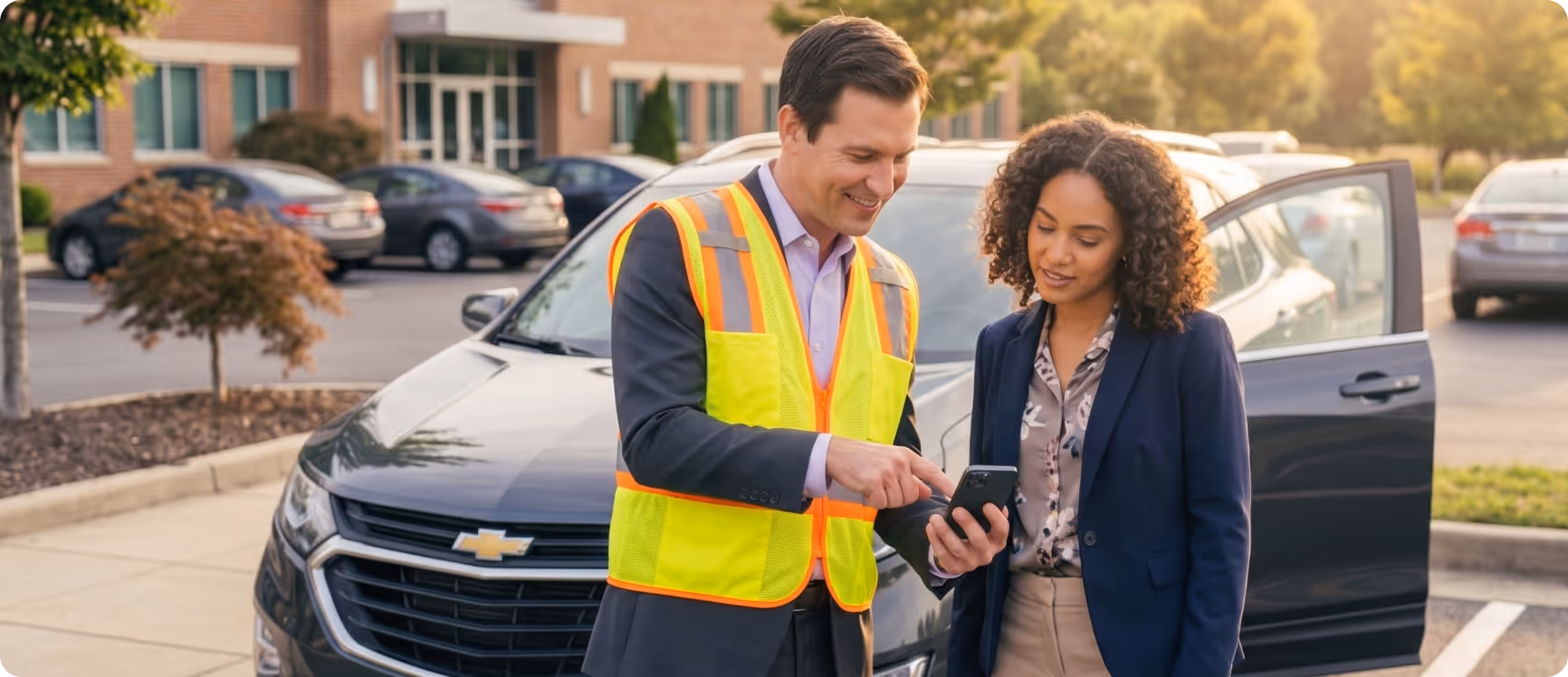 Man in a yellow safety vest showing a smartphone to a woman standing beside a black Chevrolet SUV in a parking lot.