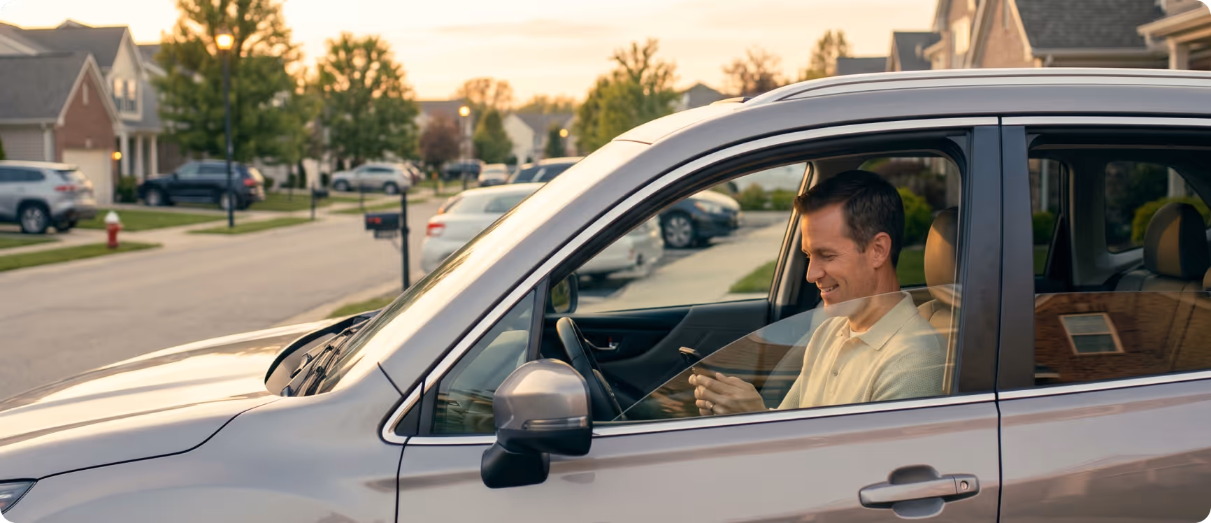 Man sitting in a parked silver SUV in a suburban neighborhood, smiling and looking at his phone.