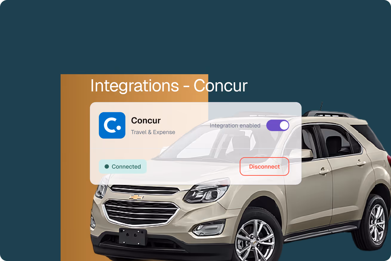 Dashboard interface showing Concur integration enabled with connected status overlaid on an image of a beige Chevrolet SUV.