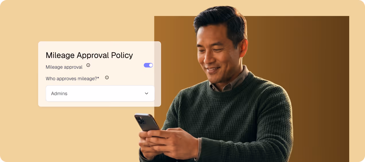 Smiling man in a dark green sweater looking at his smartphone with a digital overlay showing a mileage approval policy settings interface.