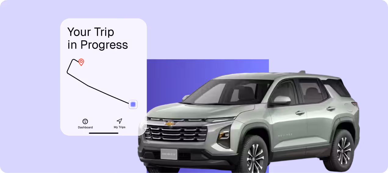 Silver SUV beside a digital display showing a map with the text 'Your Trip in Progress' and icons labeled Dashboard and My Trips.