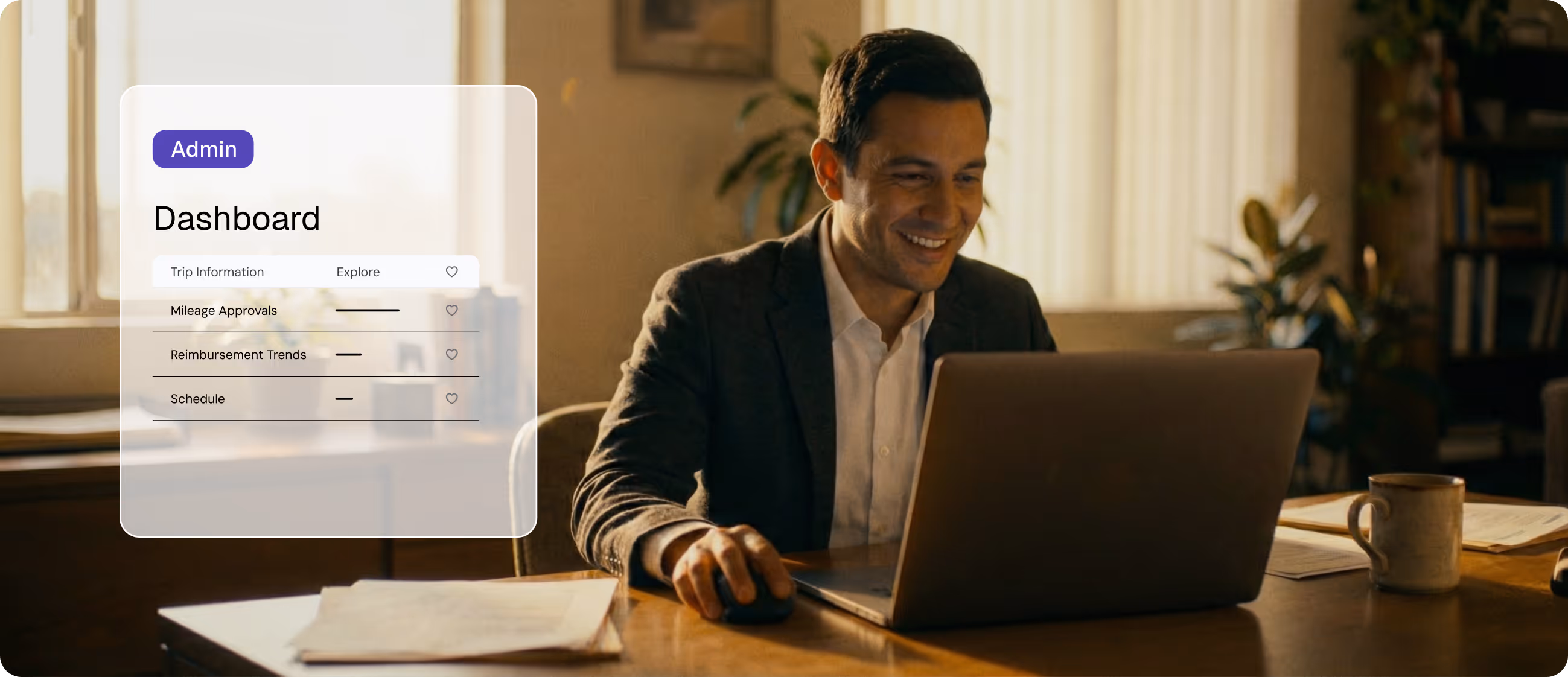 Smiling man in a suit working on a laptop at a desk with a coffee mug and documents, with an overlay showing an admin dashboard interface.