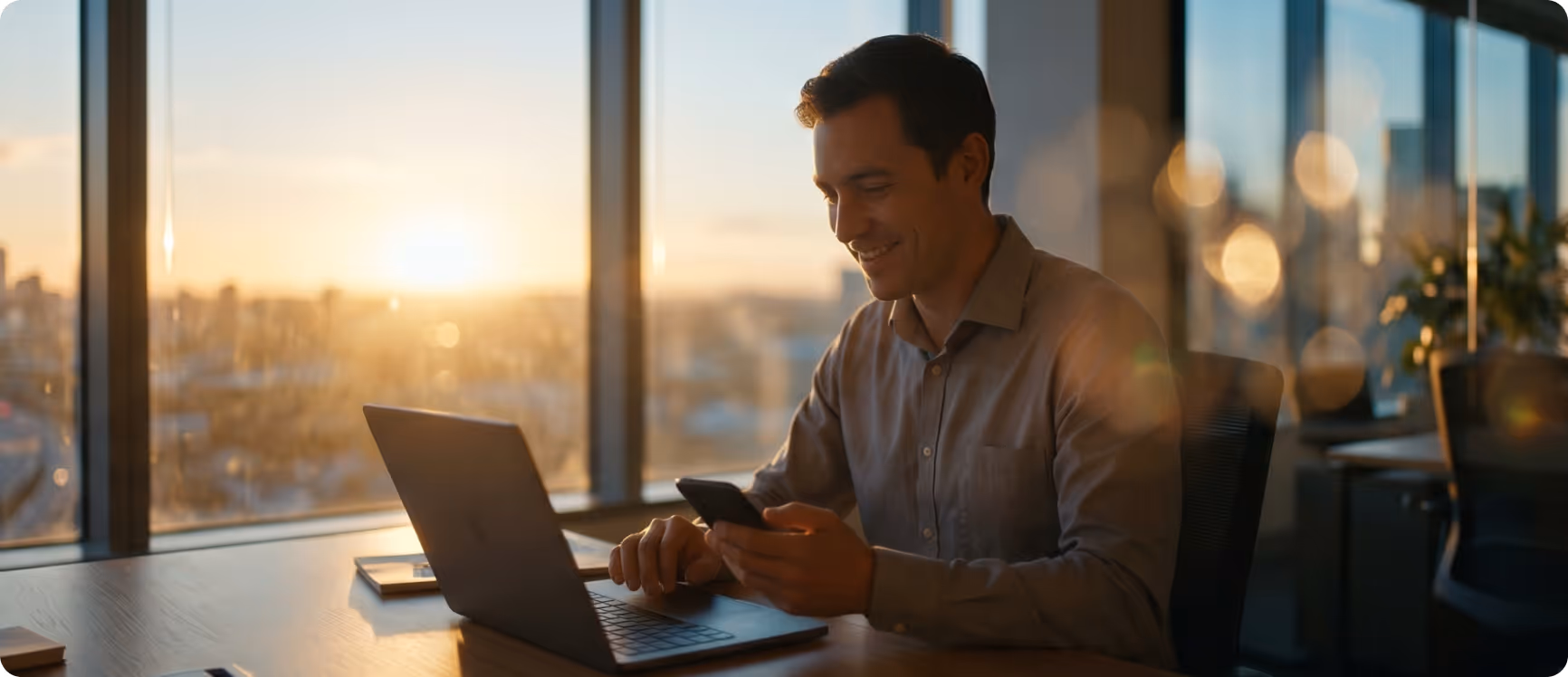 Man sitting at desk in home office looking at his smartphone with a Dell monitor, keyboard, notebook, and coffee mug on the desk.