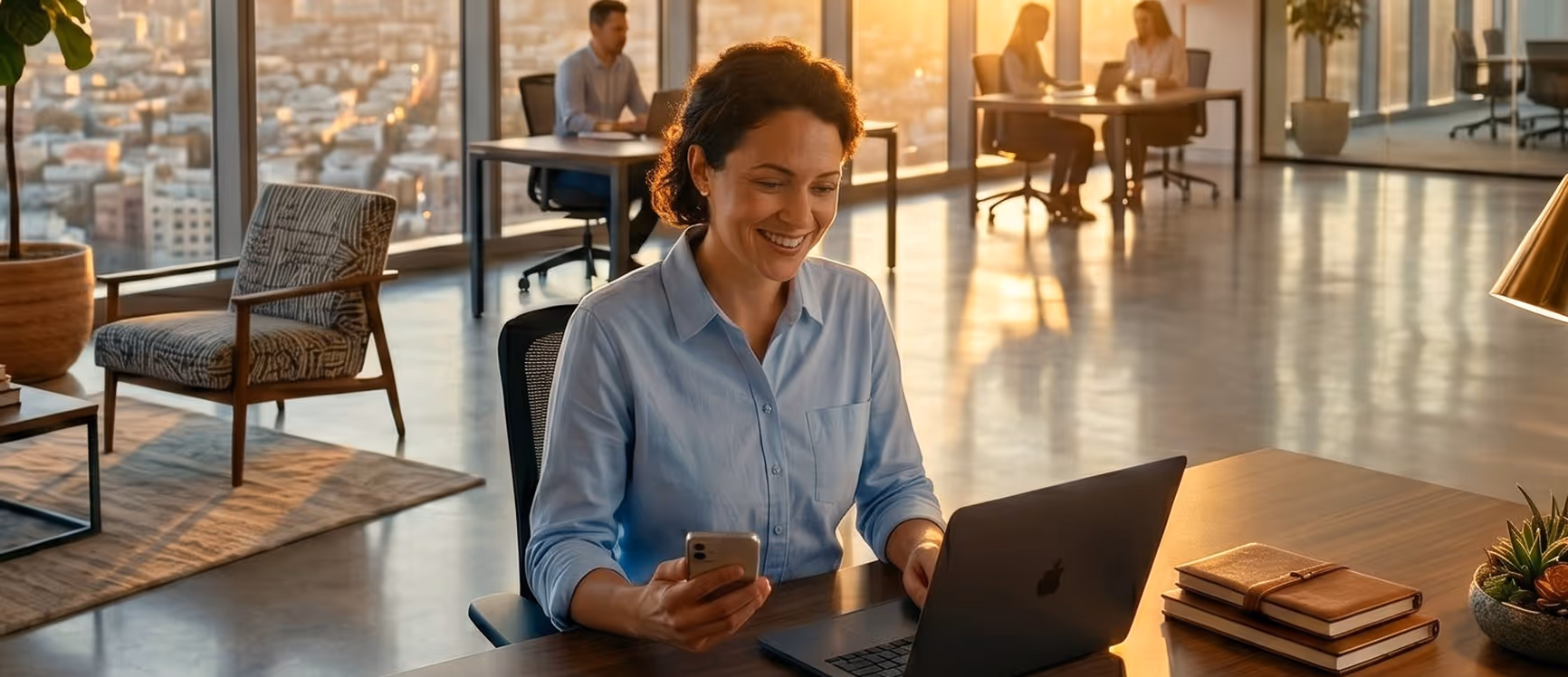 Smiling woman in a blue shirt using a smartphone and laptop at a home office desk.