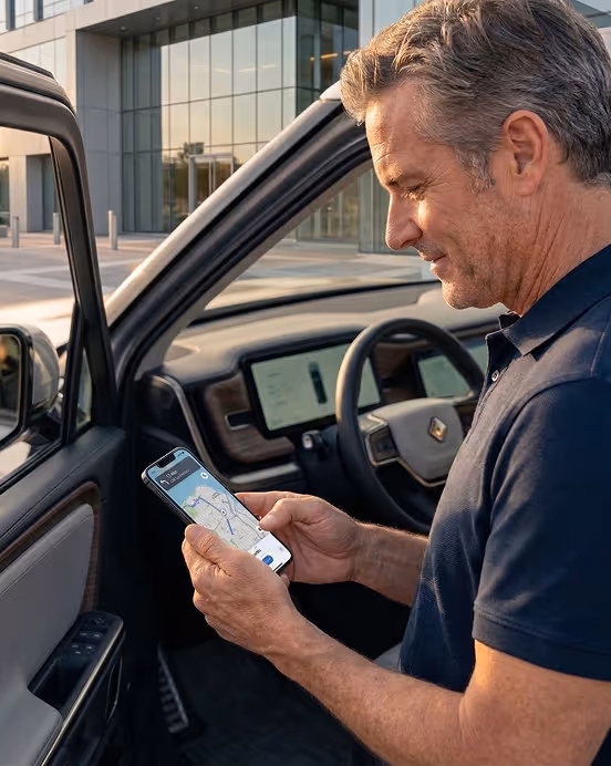 Man standing beside an open car door looking at a smartphone displaying a map, with an overlay showing current rates: Fixed $540.88, Variable $0.253.