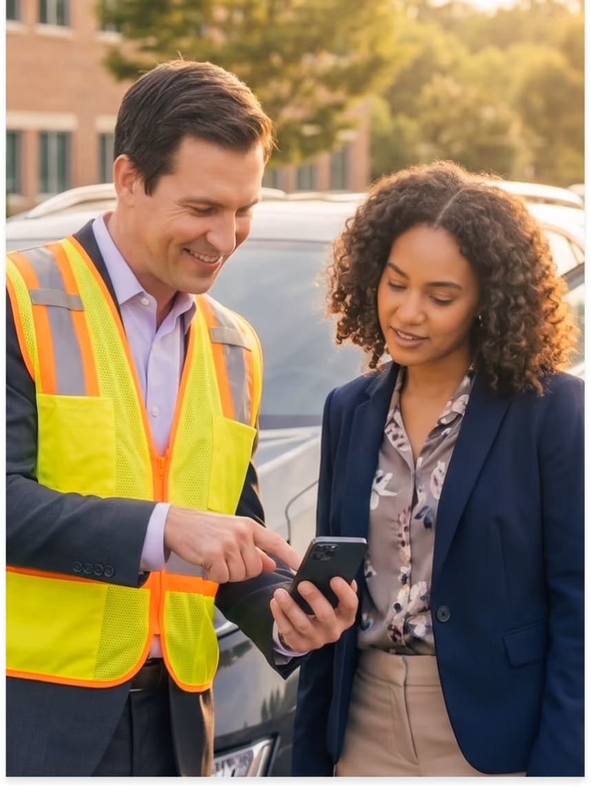 Smiling man in suit holding a car key and looking at his smartphone while standing outside an open car door.