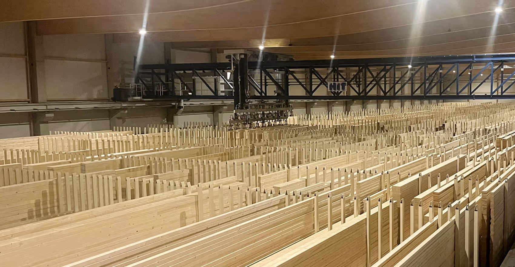 Eine neue Kommissionier- und Lagerhalle mit Holzlagerplätzen ist zu erkennen mit einem Kran