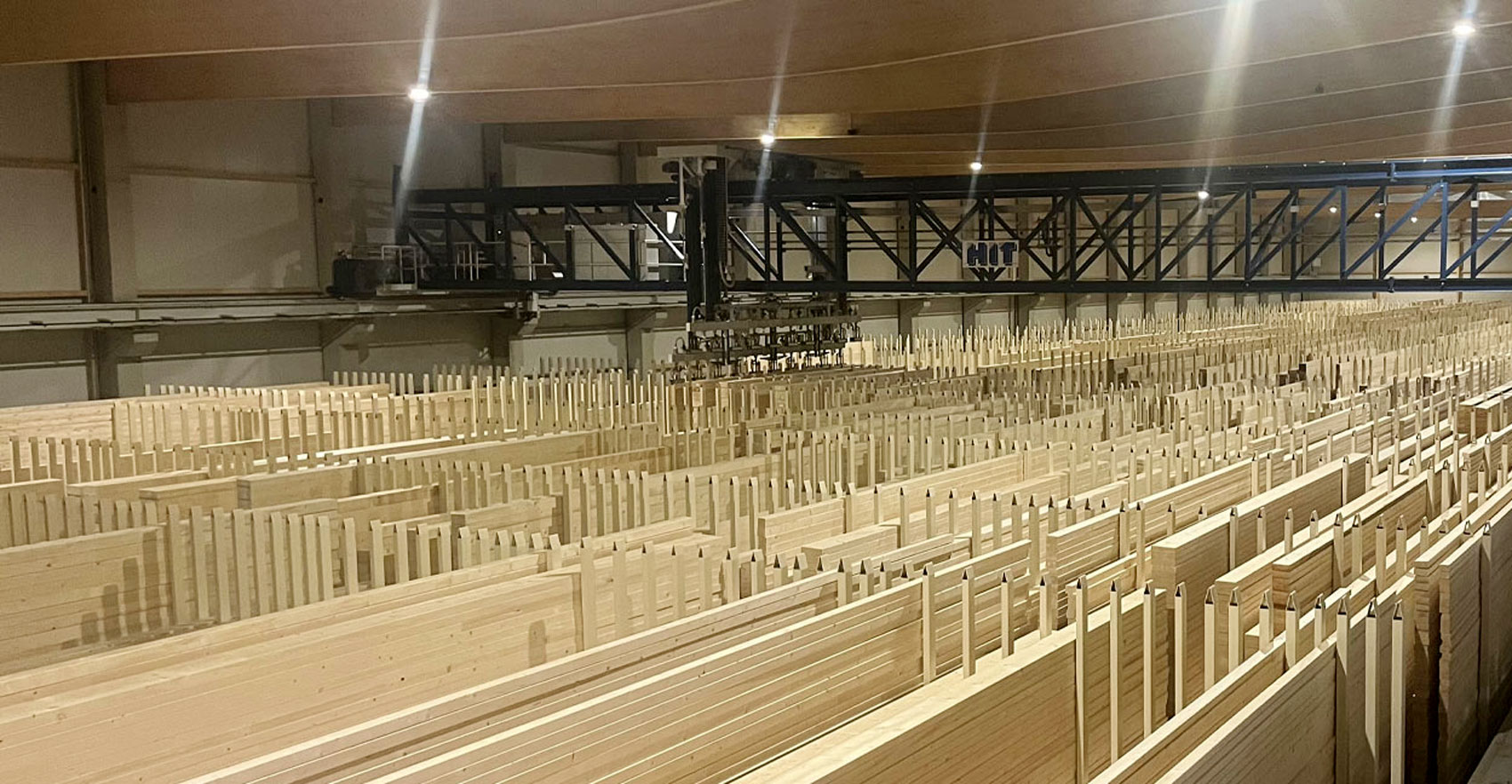 Eine neue Kommissionier- und Lagerhalle mit Holzlagerplätzen ist zu erkennen mit einem Kran