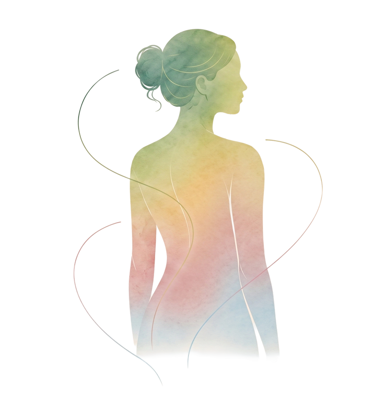 Watercolor-style abstract illustration of a woman viewed from behind and in profile with hair tied up in a bun and soft gradient colors blending from green to pink to blue, with swirling lines around her.