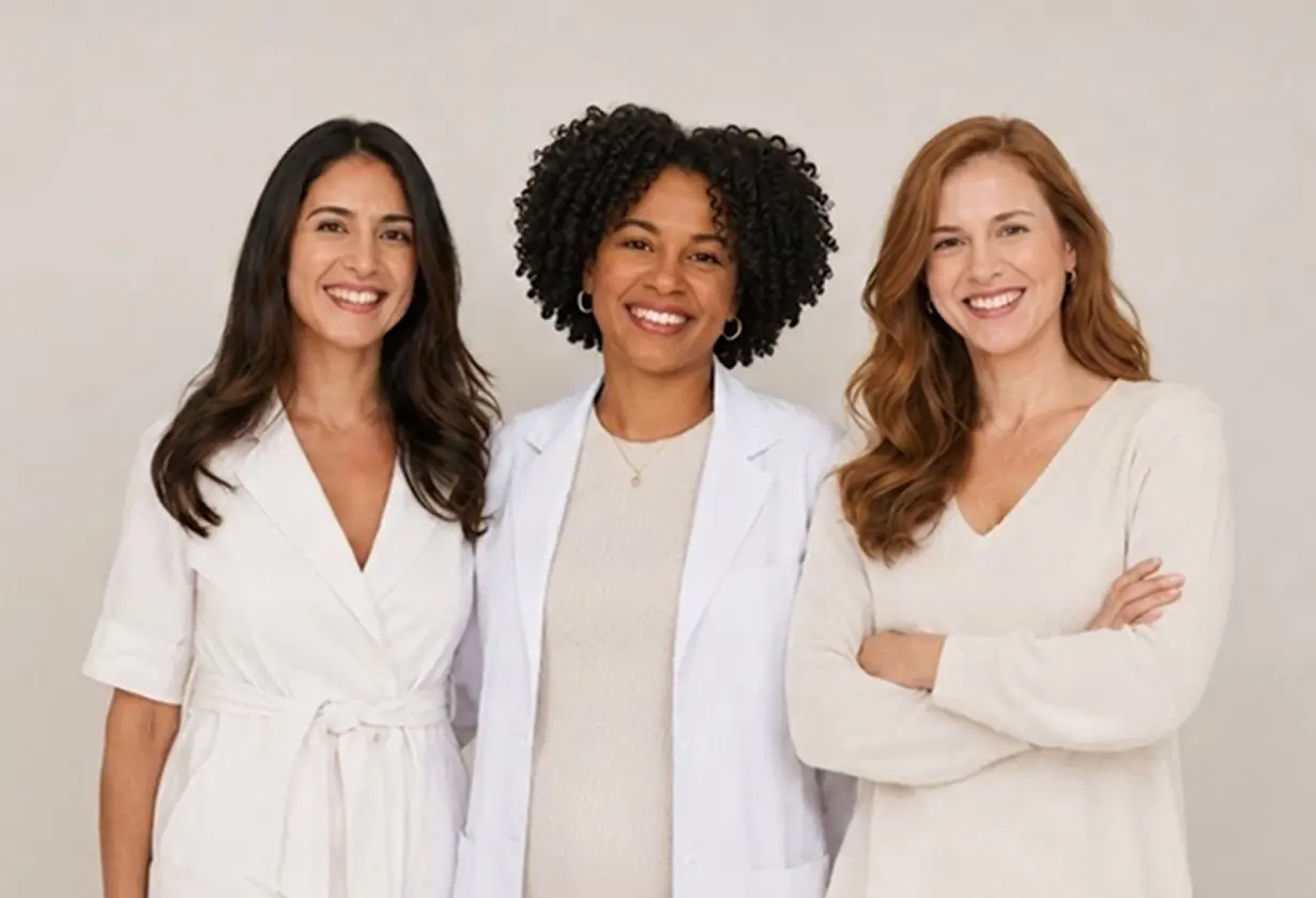 Three smiling women standing side by side against a neutral background, two wearing white tops and one wearing a light beige sweater with arms crossed.