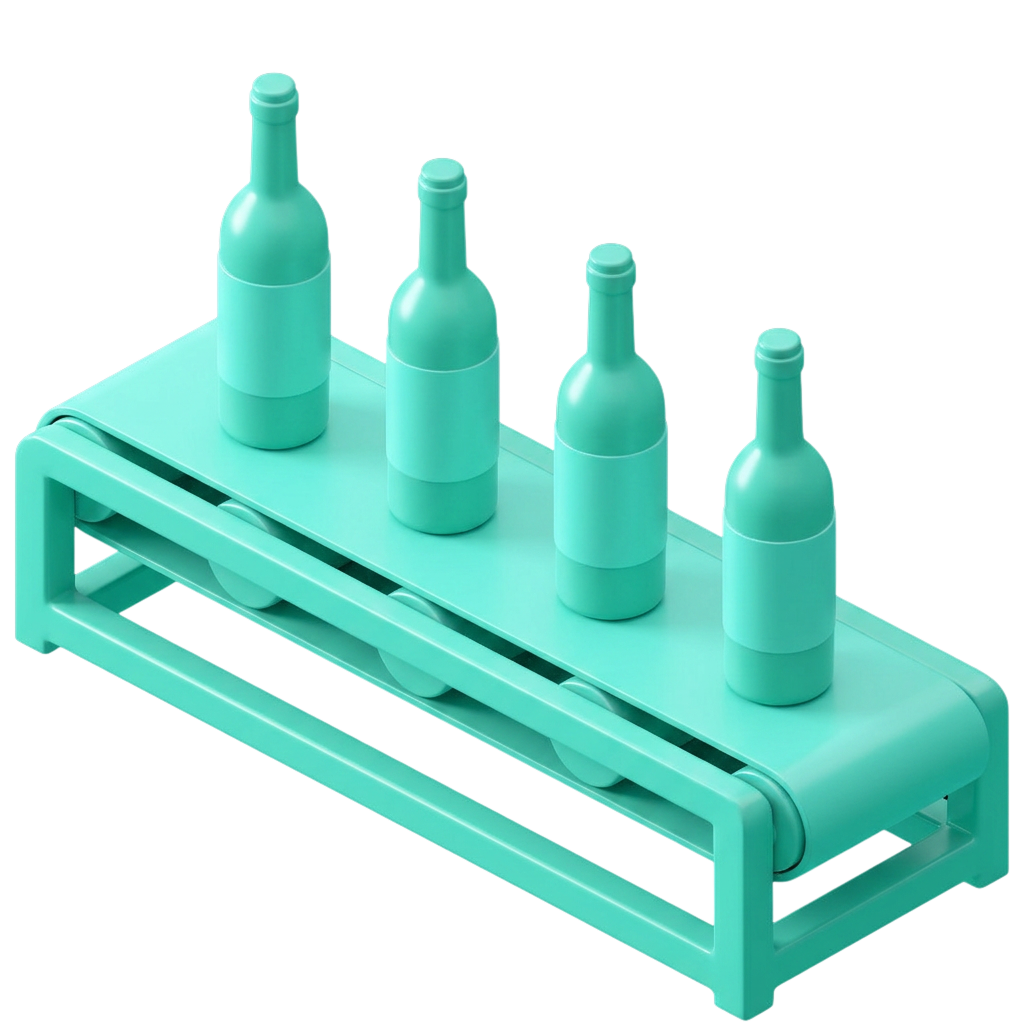 A teal CGI conveyor belt transporting wine bottles