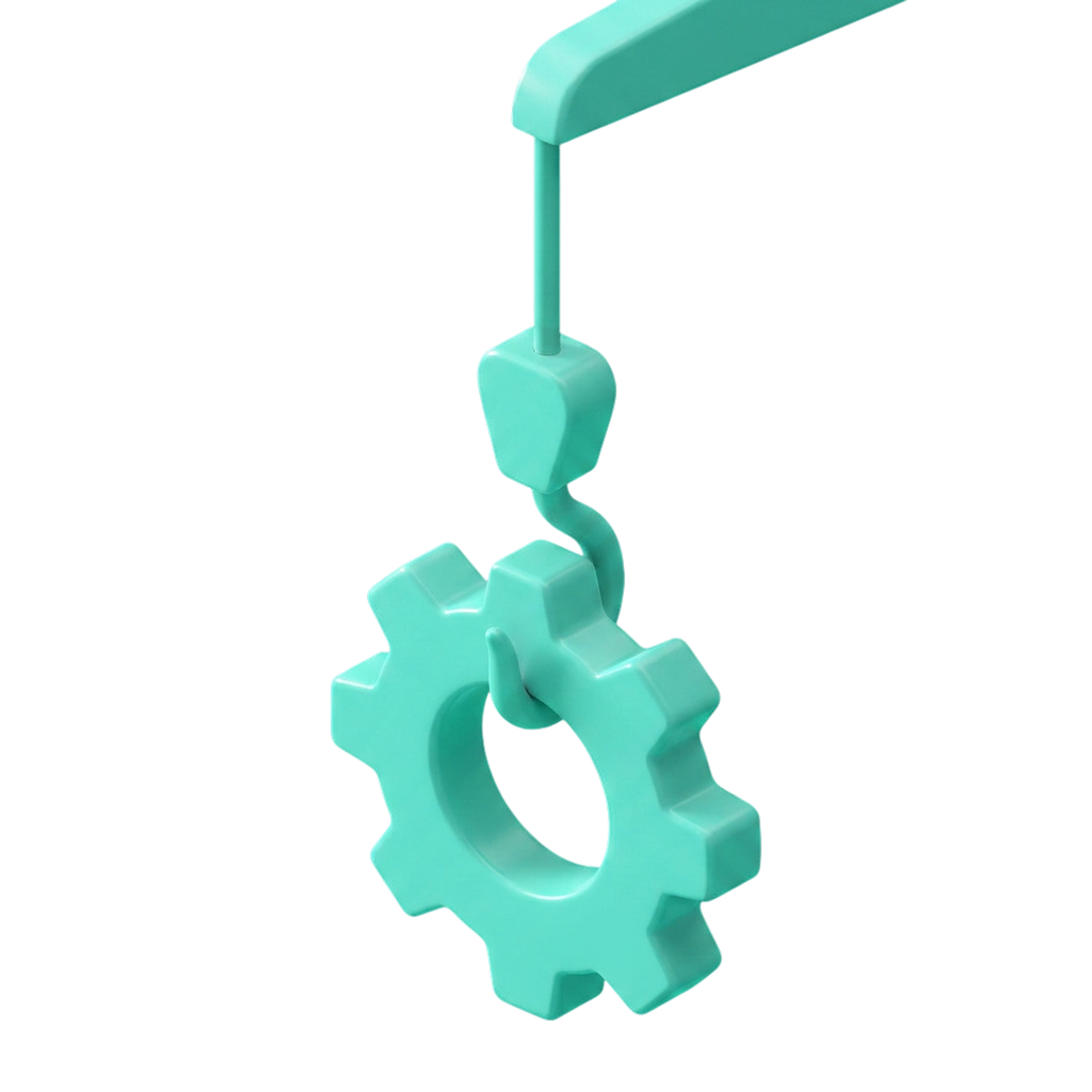 A teal CGI crane arm lifting a cog