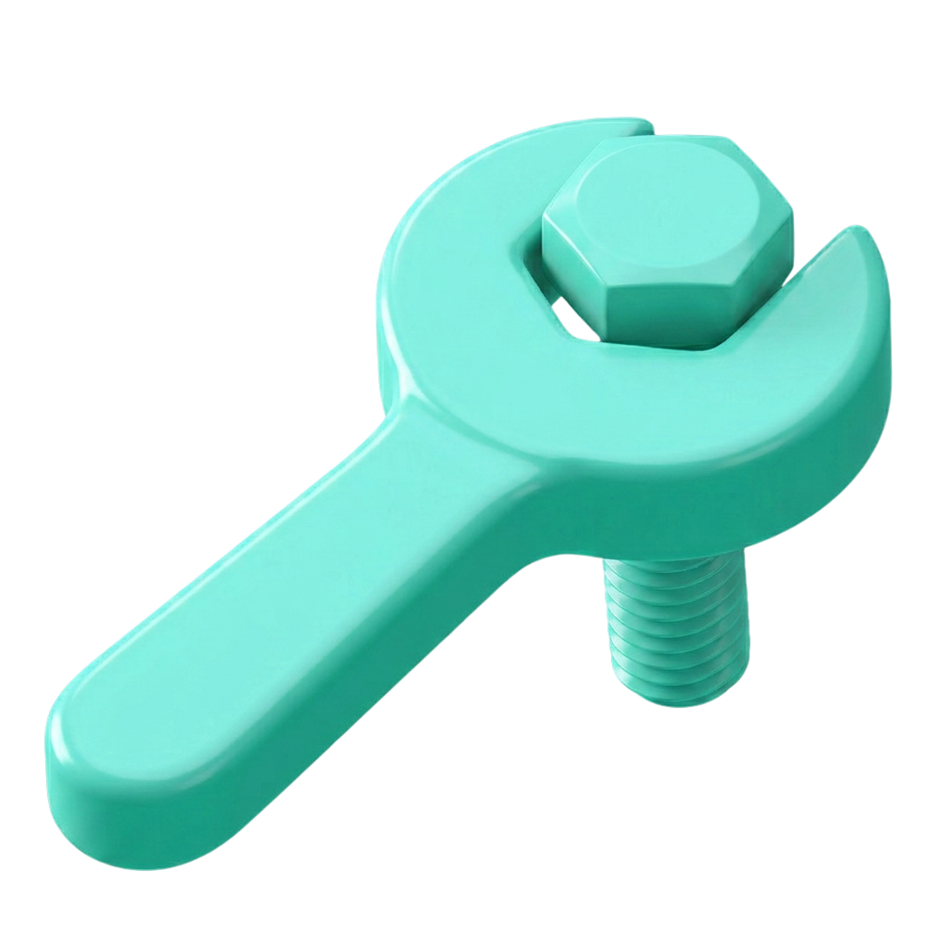 A teal CGI spanner turniong a bolt