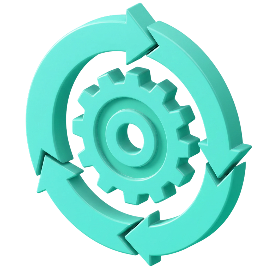 A teal CGI Cog with a circle made from curved arrows surrounding it