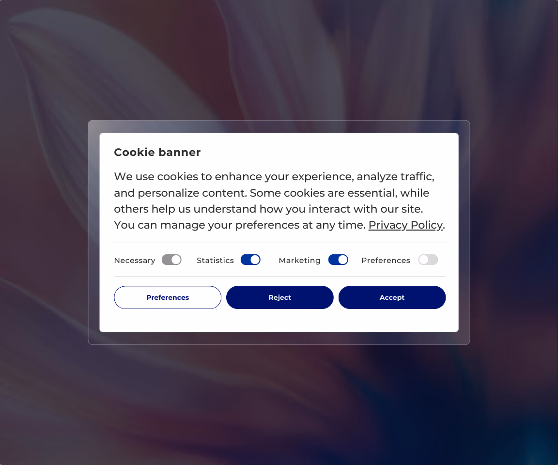 Cookie banner dialog explaining use of cookies for experience, traffic analysis, and content personalization with toggles for Necessary, Statistics, Marketing, and Preferences and buttons for Preferences, Reject, and Accept.