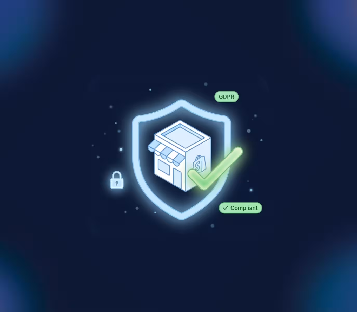 Illustration of a small storefront inside a glowing shield with a green checkmark labeled GDPR and Compliant, symbolizing data protection compliance.