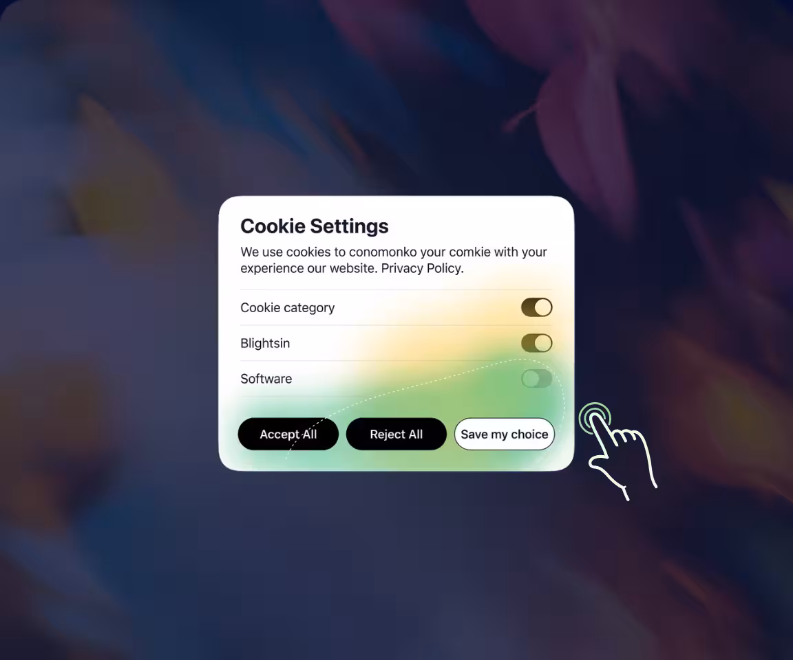 Cookie settings interface with toggle switches for cookie categories, including Blightsin and Software, and buttons to Accept All, Reject All, or Save my choice.